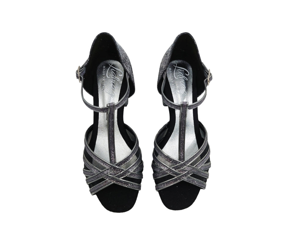 705 Tanzschuhe in Silber & Schwarz von Dancing Queens, mit T-Riemen-Design von oben.